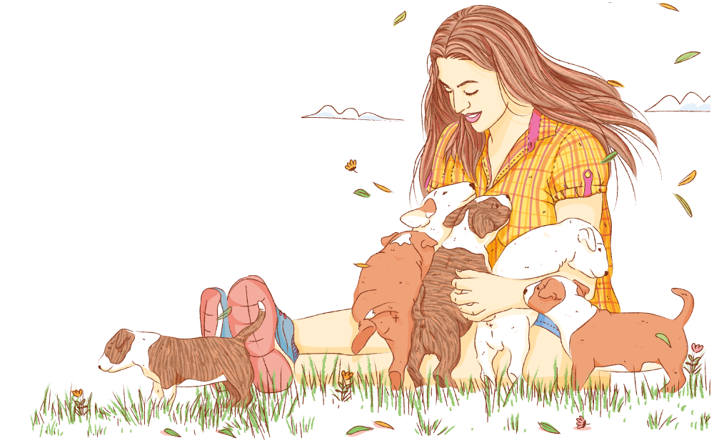 Illustration of a woman sitting in the grass with a litter of puppies